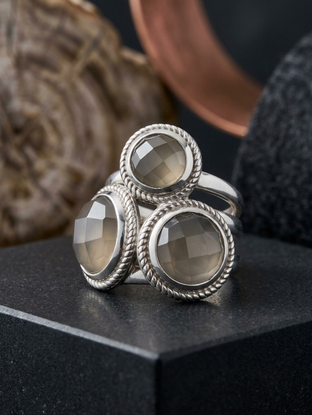 Vintage 925 Sterling Silver Gray Chalcedony Triple Stone Statement Ring Size 7